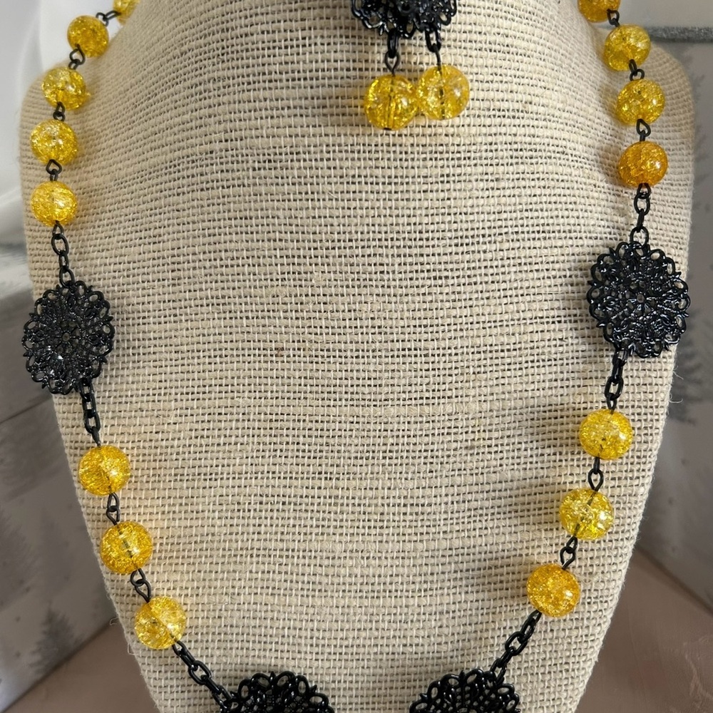 Yellow and Black Filigree Necklace with Ornate Medallions